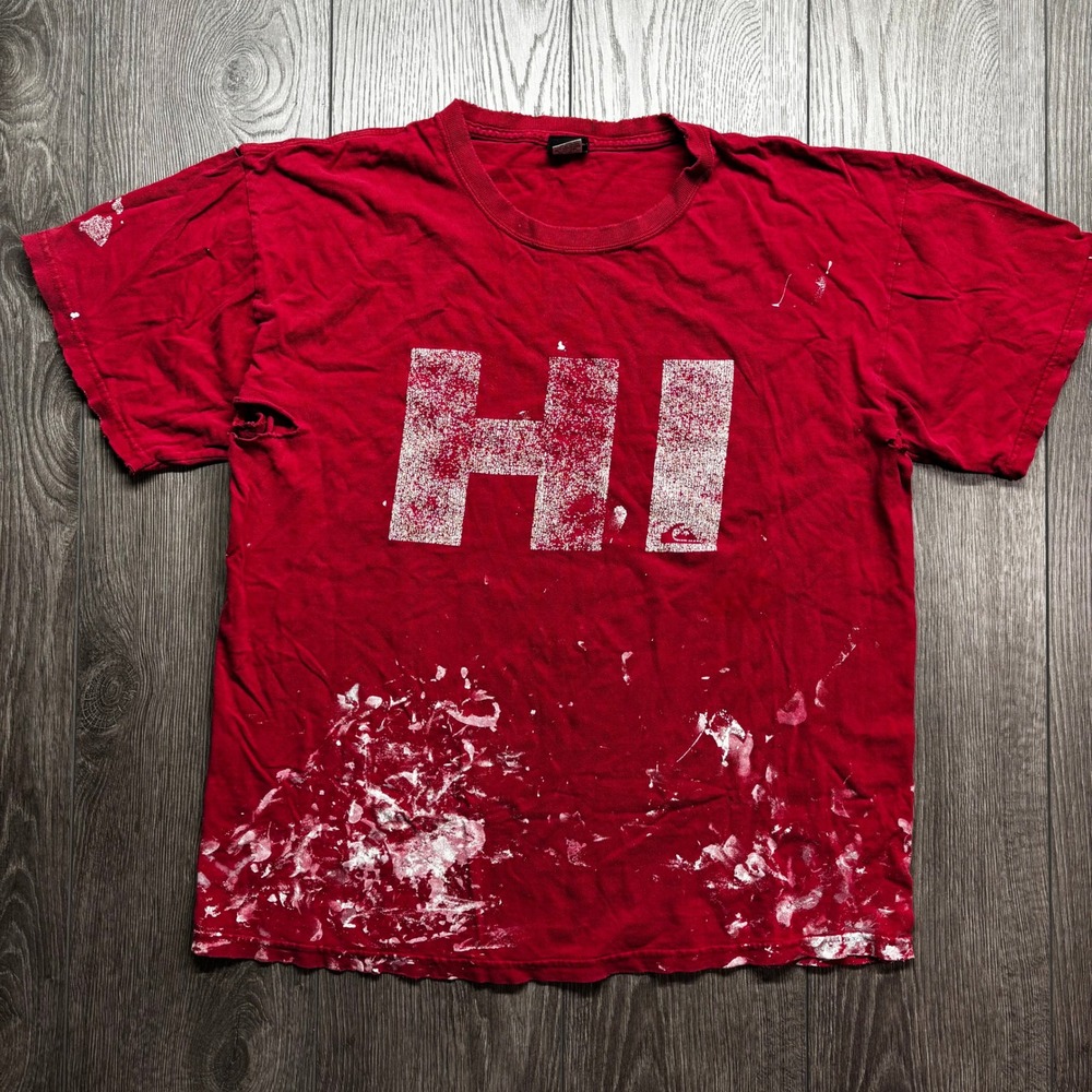 Vintage Quiksilver Distressed Paint Splatter HI Graphic T-Shirt Red Mens Large